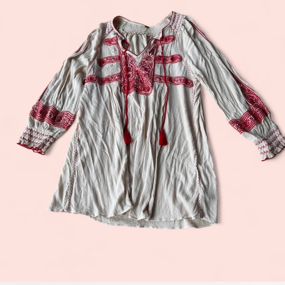 Free People White and Red Embroidered Top